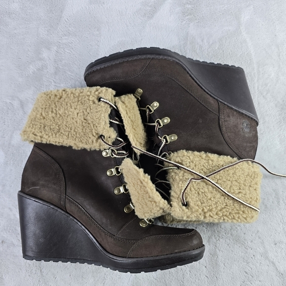Timberland Shoes - Timberland Boots Womens 8.5  Wedge Sherpa Fold Down Ankle Booties A8443 Brown